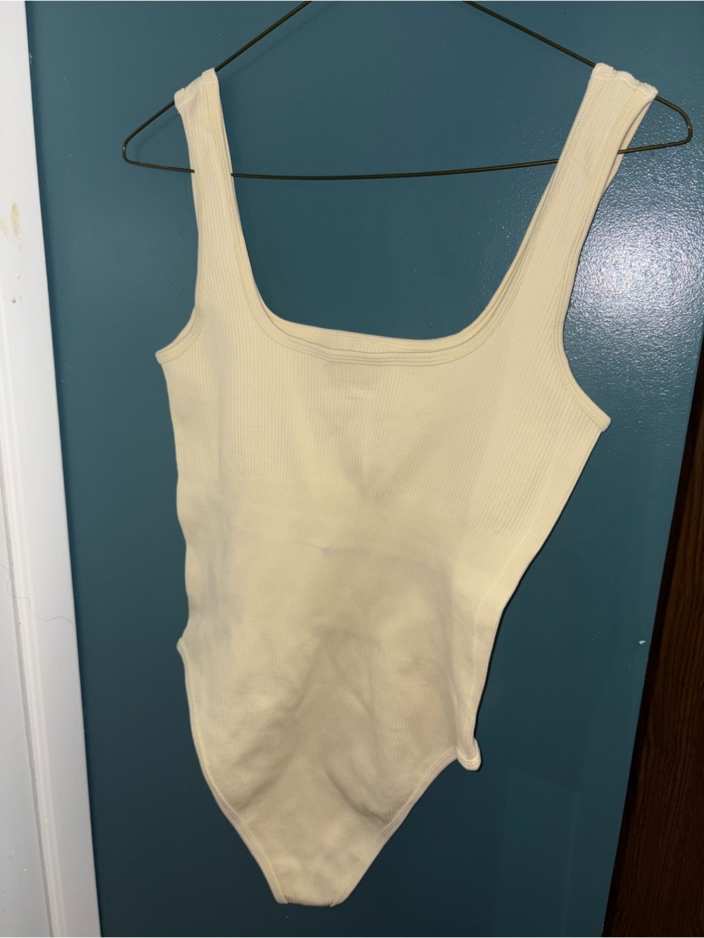 Ribbed Scoop Neck Bodysuit in Light Cream